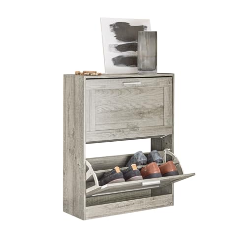 SoBuy Shoe Storage Cabinet Entryway, Slim Shoe Rack Freestanding, Narrow Shoe Organizer 2 Flip-Drawers Shoe Cupboard for Mudroom Front Door Entrance Hallway Bedroom, FSR137-HG (Grey) - color: Grey, size: 2 Drawers