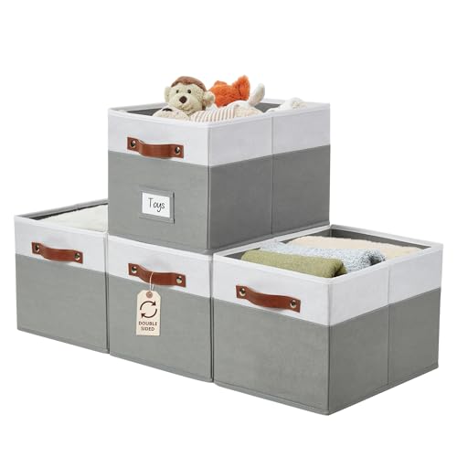DECOMOMO Storage Baskets for Shelves - Large 15"x11"x10" Foldable Fabric Storage Bins, Baskets for Organizing with Labels (Grey & White, 4pcs) - color: Grey & White