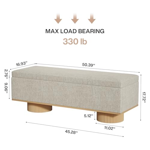 Tribesigns 50.39" Storage Bench with Padded Seat Cushion, Upholstered Shoe Bench with Flip Up Storage for Bedroom, Living Room, Entryway, Load up to 330 lb, Beige + Wood Color