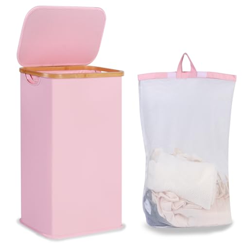 iEGrow Laundry Hamper with Lid, 110L Large Laundry Basket with Handle and Lid, Collapsible Clothes Basket Organizer with Removable Inner Bag for Clothes Toys Towels,Pink - color: Pink, size: 110L