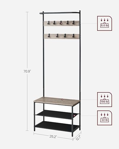 VASAGLE Hall Tree with Bench and Shoe Storage, Entryway Bench with Coat Rack Stand and Shoe Rack, 9 Movable Hooks, Top Bar, Fabric Shelves, Industrial, Greige and Black UHSR411B02 - color: Greige + Black, size: 25.2"W