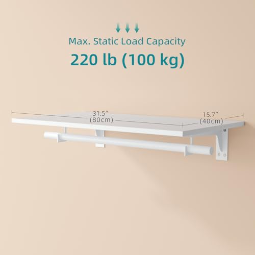 Closet Shelf with Hanging Rod, Heavy Duty Closet Organizer System, Closet Shelves Hold 220 lbs, Wall Mounted Closet Storage & Organizers for Walk in Laundry Room