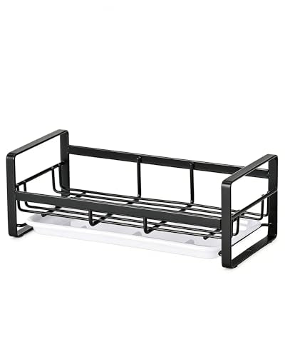 HULISEN Large Sponge Holder, 304 Stainless Steel Kitchen Soap Dispenser Caddy Organizer, Countertop Soap Dish Rack Drainer with Removable Drain Tray, not Including Dispenser and Brush, Black - color: Black, size: Large