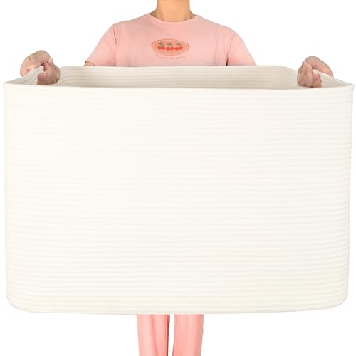 MINTWOOD Design 112L Extra Large Blanket Basket Holder Living Room, 25"x17"x16" Rectangle Rope Woven Storage Basket with Handles for Laundry, Towels, Shoes, Dog Toy Organizer Bin Box, Creamy White - color: Creamy White