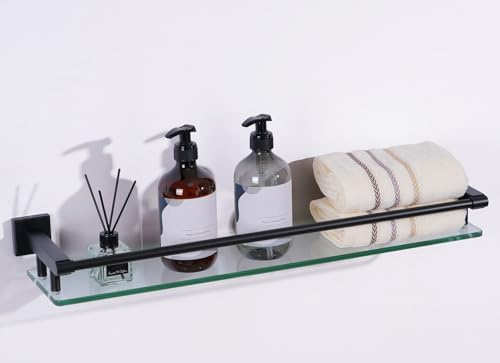 Glass Shelf for Bathroom Wall Sheves 24 inch Rectangular Stainless Steel Tempered Glass Modern Stainless Steel Wall Mount Accessories Organizers Storage (Matte Black) - color: Matte Black, size: 24'' with Railing