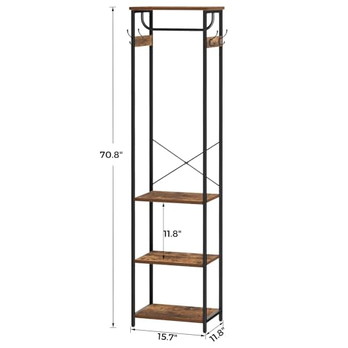 Coat Rack With Hanging Rod, Garment Rack With 3 Wooden Shelves and 4 Hooks, Freestanding Hall Tree, Industrial Clothes Rack Stand Organizer, Rustic Brown and Black - color: Rustic Brown and Black, style: with Top Shelf