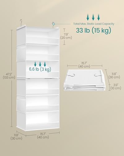 SONGMICS Hanging Closet Organizer, 6-Tier Fabric Storage Shelf, Separable Closet Hanging Shelf with Side Pockets, Foldable, Metal Hooks and Bamboo Inserts, Cloud White URCH007W01 - color: Cloud White, size: 1 Pack
