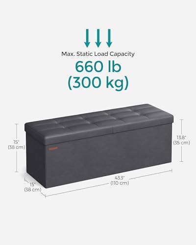 SONGMICS MAZIE Collection - 43 Inches Storage Ottoman Bench with Flipping Lid, Storage Chest with Iron Frame Support, Load 660 lb, for Living Room, Bedroom, Synthetic Leather, Dark Gray ULSF075G01 - color: Dark Gray, size: 15"D x 43"W x 15"H