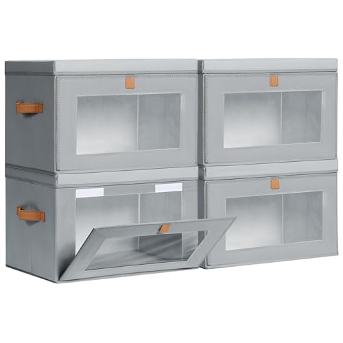 Homsorout Large Closet Storage Bins - Collapsible Storage Bins with Handles & Window, Fabric Cube Organizer with Lids, Decorative Boxes for Living Room, Closet, Dorm, 4 Pack, Grey - color: Grey, size: Large - 4 Pack