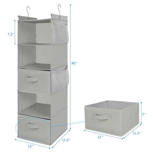 MAX Houser 5 Tier Shelf Hanging Closet Organizer, Cloth Hanging Shelf with 2 Sturdy Hooks for Storage, Foldable (Light Grey-D2) - color: Lightgrey-1