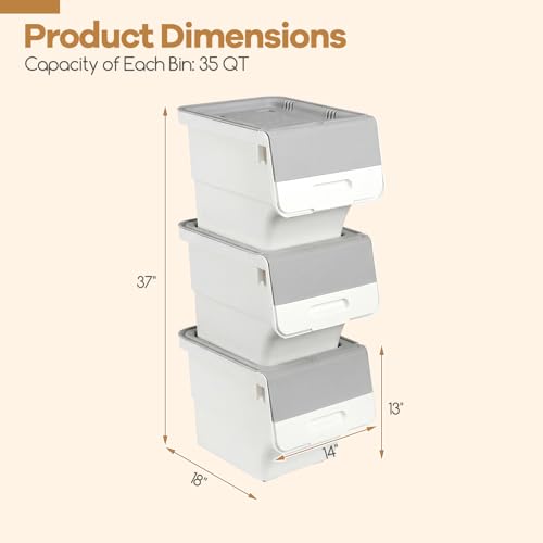 Giantex Plastic Stackable Storage Bins with Lids & Wheels, 3 Pack Open Front Stacking Bins, Organizer Bins for Pantry, Kitchen, Laundry, Closet, Playroom, Bedroom Organization (35 QT) - color: White + Gray, size: 3 Pack, 35 QT