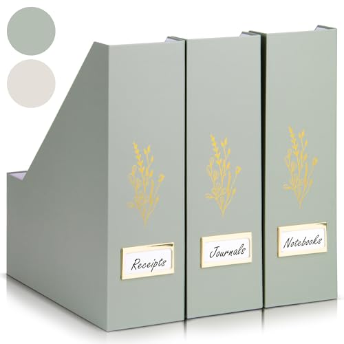 ZICOTO Beautiful Magazine Holder Set Of 3 - Sturdy File Holder to Organize Your Desk Or Shelves - The Perfect Office Storage to Effortlessly Organize Your Paperwork/Files, Magazines, Books Or Binders - color: sage green