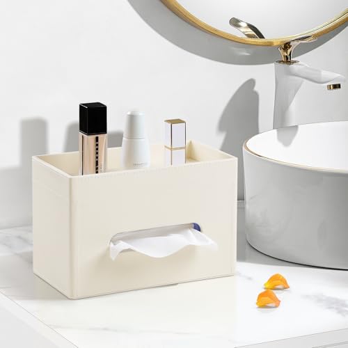 Plus Size Tissue Box Cover Rectangle, PU Leather Tissue Box Holder with Storage Tray, Decorative Organizer Tissue Holder for Bathroom, Bedroom Dresser, Night Stand, Office (Beige) - color: Beige