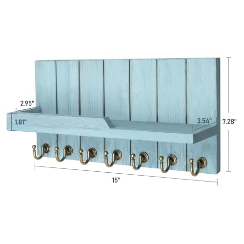 Rebee Vision Decorative Key Holder Wall Mount - Modern Farmhouse Key and Mail Holder for Wall with Shelf and 7 Key Hooks for Mail Organizer - Mid Century Aesthetic Room Decor (Distressed Blue,15-inch) - color: Distressed Blue, size: 15-inch