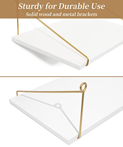Afuly 12 Inch Deep Floating Shelves for Wall, Gold White Wall Mounted Shelves, Hanging Storage Shelves for Bathroom Kitchen Bedroom, Solid Wood Chic Bookshelves, Set of 2 - color: White & Gold, size: 11.7"D x 16.5"W