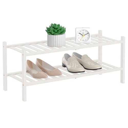 RONGJlA 2 Tier Bamboo Shoe Rack for Closet Free Standing Wood Shoe Shelf Storage Organizer for Entryway Small Space Stackable, White - color: White, size: 2-Tier-Regular