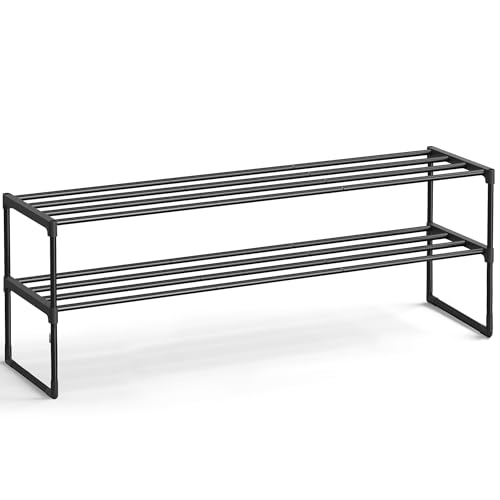 SONGMICS Shoe Rack, 2-Tier Shoe Organizer, Metal Storage Shelf, Upright or Upside Down, for 15-18 Pairs, Stackable, for Entryway, 11.8 x 46.1 x 14.6 Inches, Black ULSA032B01 - color: Black, size: 2 Tiers (46.1"W)
