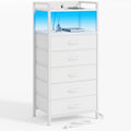 Furnulem White Nightstand with 5 Storage Drawer, Tall Dresser for Bedroom with Led Light and Charging Station, Side Table Nightstand for Closet, Fabric Bins, Metal Frame, Wood Shelf(White) - color: White, style: 5 Drawer