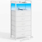 Furnulem White Nightstand with 5 Storage Drawer, Tall Dresser for Bedroom with Led Light and Charging Station, Side Table Nightstand for Closet, Fabric Bins, Metal Frame, Wood Shelf(White) - color: White, style: 5 Drawer