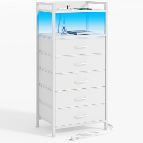 Furnulem White Nightstand with 5 Storage Drawer, Tall Dresser for Bedroom with Led Light and Charging Station, Side Table Nightstand for Closet, Fabric Bins, Metal Frame, Wood Shelf(White) - color: White, style: 5 Drawer