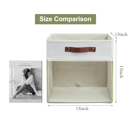 Bagnizer Storage Cubes, 4 Pack Linen Foldable Storage Bins (13 x 13 inch) with Clear Window and Handles, Fabric Organizer for Shelf Closet, Clothes, Books - (Green and White) - color: Green / Off-White, size: 13 x 13 x 13