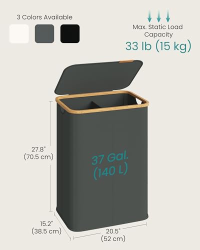 SONGMICS Laundry Hamper, Laundry Basket with Lid, Foldable Storage Basket, Bamboo Frame, for Bedroom, Living Room, Oxford Fabric, 37 Gal. (140 L), Slate Gray ULCB519GN01 - color: Slate Gray, size: 140 L (2-Section)