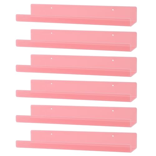 Dezzer 6 Pack Acrylic Shelves for Wall, 15" Acrylic Floating Shelves for Bathroom Bedroom, Invisible Bookshelf Wall Ledge Storage Shelf Books Perfume Toys Action Figure Display Shelves, Pink - style: 15 inch 6-pack Pink
