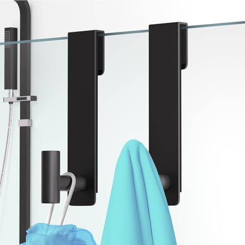 HUFEEOH Shower Towel Hooks, 7.5-Inch Extended Over Glass Shower Door Hanger for Towels & Robes, Rustproof Bathroom Towel Rack, 2-Pack (Black, T Shape) - color: Black, size: Fits 3/8" Thick Door - "T" Shape 2 Pack