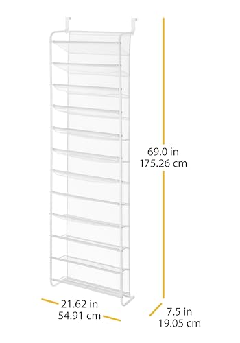 Whitmor 36 Pair Over The Door Shoe Organizer, 12 Tier Hanging Shoe Organizer, Heavy Duty Metal & Mesh Shoe Holder, Hanging Shoe Rack for Closet Organizer & Storage, 69"L x 21.7"W x 7.5"H, White - color: White, size: Shoe Rack
