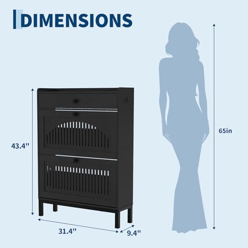 2-Door Flip Front Shoe Cabinet with Adjustable Shelves – Hidden Entryway Storage Organizer for Hallway, Foyer, Living Room – Freestanding Wooden Shoe Rack with Large Capacity & Modern Design, Black - color: Black, size: 9.45"D x 31.4"W x 43.4"H