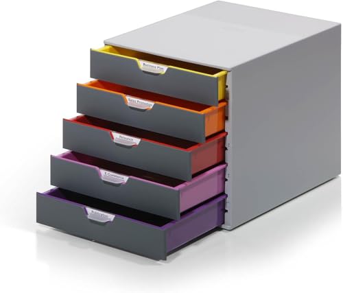 Durable Varicolor 5 Drawer Unit - Gray Desktop Drawer Set with 5 Color Coded Draws - Perfect for Storing Documents and Paper Work - style: 5-Drawer
