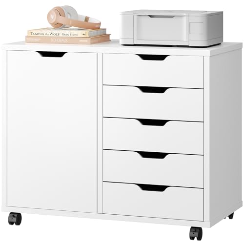 DUMOS 5 Drawer File Cabinet Office Drawers Organizer with Wheels Rolliing, Under Desk Cabinets with Shelves and Door Printer Stand with Wood Board Metal Frame for Home Office Storage Craft Room, White - color: White