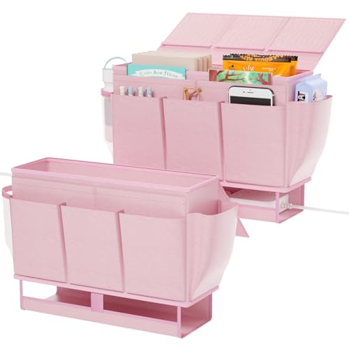 Bedside Caddy, Bed Organizer with 11 Pockets and Power Strip Holder, Versatile Bedside Storage Caddy for Home,Dorm,Bunk,Hospital,Crib Bed (2 Pack Pink) - color: 2 Pack Pink