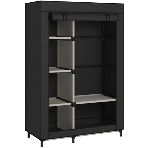 Calmootey Portable Closet Organizers, Clothing Storage, Wardrobe with 6 Shelves and Hanging Rod, Non-Woven Fabric Cover with 4 Side Pockets, Black - color: Black