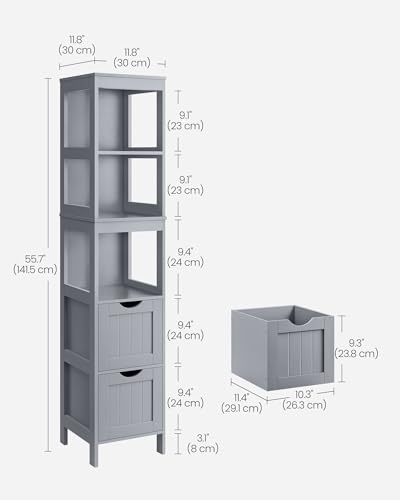 VASAGLE Storage Cabinet, Storage Organizer Rack Stand for Bathroom, Living Room, Multifunctional Corner Unit, 2 Drawers, 55.7 Inches in Height, Dove Gray UBBC066G02 - color: Dove Gray, size: 55.7"H