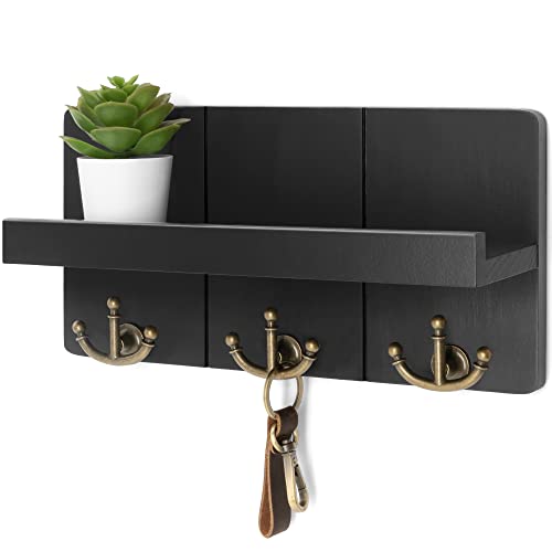 Rebee Vision Decorative Key and Mail Holder for Wall: Farmhouse Mail Organizer with Floating Shelf and 3 Anchor Key Hooks - Rustic Key Hanger for Farmhouse Entryway Decor (Modern Black) - color: Black