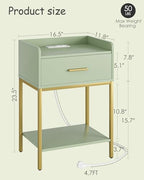 Nightstand with Charging Station,3-Tier Modern Bedside Table Night Stand with Storage Drawer and Open Shelf,Small End Side Table for Bedroom,Living Room,Green - color: Green With Charging Station