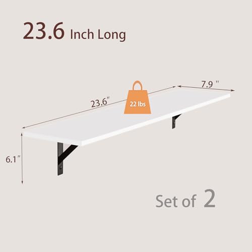 DINZI LVJ Long Wall Shelves, 24 Inch White Floating Shelves Set of 2, Easy-to-Install, Wall Storage Ledges with Sturdy Metal Brackets for Living Room, Bathroom, Bedroom, Kitchen, White - color: White, size: 23.6 Inch
