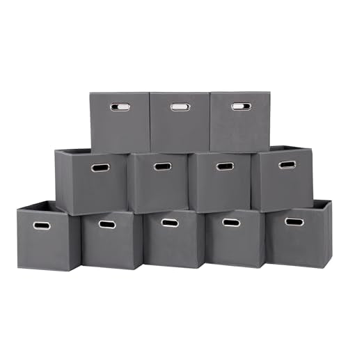 Foldable cube storage bins, Fabric Storage Box Cubes Organizer Baskets with Dual Handles for Home Organizer,Nursery,Shelves,Closet,Set of 12,(Grey) - color: Grey, size: 12 Pack