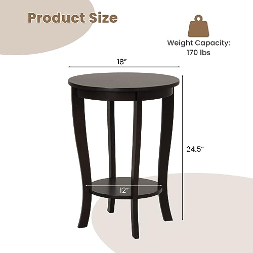 GOFLAME 2-Tier Round End Table, 18” Sofa Side Table with Storage Shelf, Floor Tea Table with Solid Wood Legs, Compact Nightstand for Small Space, Living Room, Bedroom, Espresso - color: Espresso
