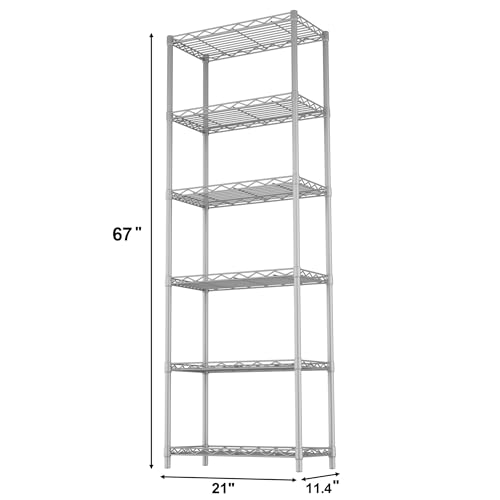 HOMEFORT 6-Tier Wire Shelving, 6 Shelves Unit Metal Storage Rack, Closet Shelves for Kitchen, Pantry, Closet, Bathroom, 14" D x 21" W x 75.6" H (Grey) - color: Silver, size: 21"W x 11"D x 67"H