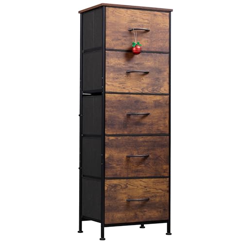 WLIVE Fabric Dresser for Bedroom, 5-Drawer Tall Dressers, Storage Organizer with Fabric Bins, Wood Top, Sturdy Steel Frame, Chest of Drawers for Closet, Hallway, Rustic Brown Wood Grain Print - color: Rustic Brown Wood Grain Print
