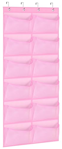 KIMBORA 12 Large Mesh Pockets Over the Door Shoe Organizer for Closet Hanging Shoe Rack for Door Sneaker Hanger Boot Storage for Kids, Baby, Toddler, Girl, Pink - color: Pink