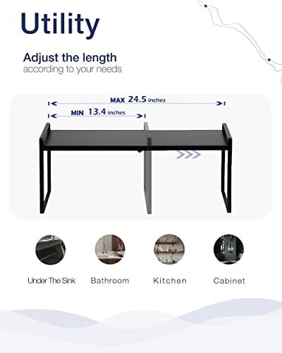 Nxconsu Expandable Cabinet Shelf Organizer Riser for Kitchen Pantry Cupboard Under Sink Countertop Home Storage Organization Rack Space Saver Freestanding Heavy Duty Nonslip Stackable Black X Large - color: Black, size: 12’’D * 13.4-24.5’’W * 9.5’’H