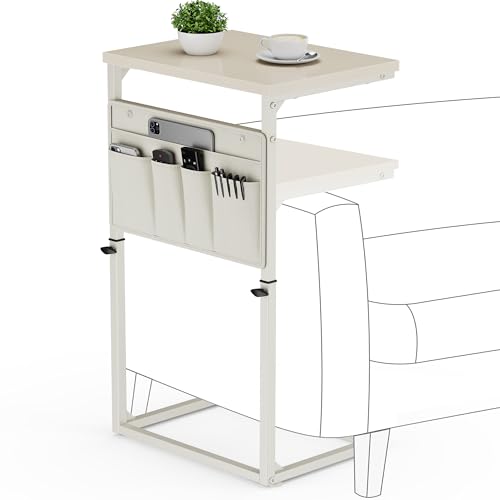 Vagusicc C Shaped End Table, 32'' Tall Side Table for Couch, Adjustable Height Small Couch Side Table for Small Spaces, End Table Slide Under Sofa Table TV Tray Table Arm Table for Living Room - color: Cream White