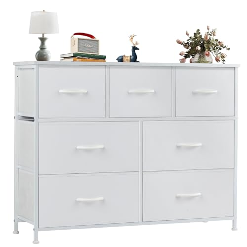 OLIXIS 7 Drawer Dresser for Bedroom, Wide Fabric Storage Tower with Wooden Top and Metal Frame, Closet Chest Organizer Furniture, TV Stand for Living Room Hallway, White - color: White, size: 11.8"D x 39.4"W x 30"H (7 Drawers)