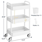 YASONIC Metal 3 Tier Rolling Cart - Heavy Duty Utility Cart with Lockable Wheels, Hanging Cups, Hooks, Mesh Rolling Storage Cart Craft Cart Organizer, Lightweight and Sturdy, White - color: White