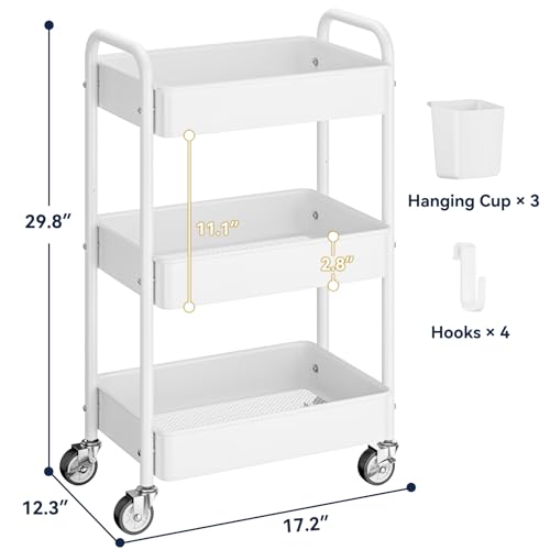 YASONIC Metal 3 Tier Rolling Cart - Heavy Duty Utility Cart with Lockable Wheels, Hanging Cups, Hooks, Mesh Rolling Storage Cart Craft Cart Organizer, Lightweight and Sturdy, White - color: White
