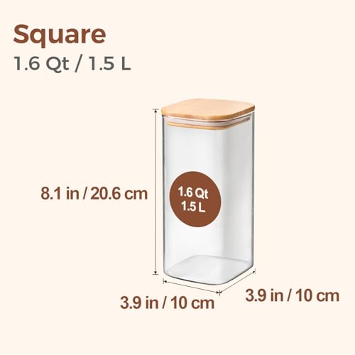 ComSaf Airtight Glass Storage Canister with Wood Lid (1.6 Qt), Clear Food Storage Container Jar with Sealing Lids for Oat Pasta Flour Cereal Rice Sugar Tea Coffee Beans, Set of 3 Square Cookie Jar - size: 1.6Qt*3