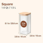 ComSaf Airtight Glass Storage Canister with Wood Lid (1.6 Qt), Clear Food Storage Container Jar with Sealing Lids for Oat Pasta Flour Cereal Rice Sugar Tea Coffee Beans, Set of 3 Square Cookie Jar - size: 1.6Qt*3